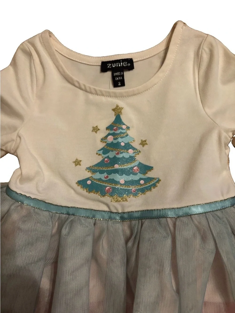 Zunie Little Girls Cream Long-Sleeve Dress with Pastel Tulle Skirt - Size 2